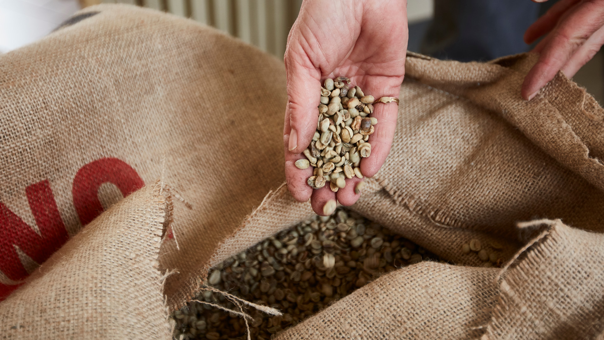Il caffè verde nelle caratteristiche sacche di juta nella nostra azienda