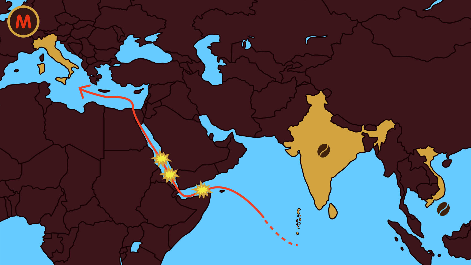 La varietà di caffè robusta di cui ad esempio ci serviamo noi de Il Caffè Manaresi proviene principalmente dal Sud Est Asia, India e Vietnam, il cui approvvigionamento avviene via mare attraverso la rotta del Canale di Suez, attualmente oggetto di estrema instabilità politica e tensioni militari.