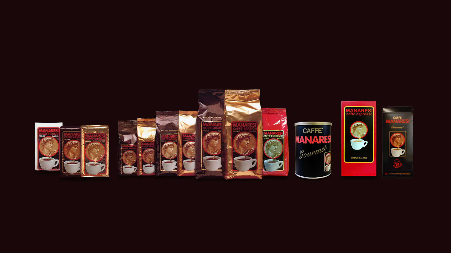 La gamma dei prodotti de Il Caffè Manaresi, con ancora le tre varietà base di quel lontano 1898!